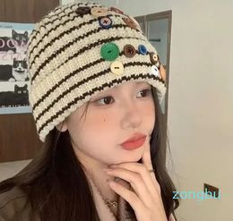 Berets Striped Coloured Button Knitted Beanie Caps Winter Large Head Circumference Female Fashion Pile Cap Simple Soft Warm Cold Hat