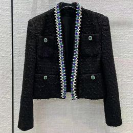 Women's Jackets Runway Luxury Beads Drilling Woolen Cardigan Coats Women Slim Short Tops Commute Black Tweed Jacket Autumn Winter Clothes
