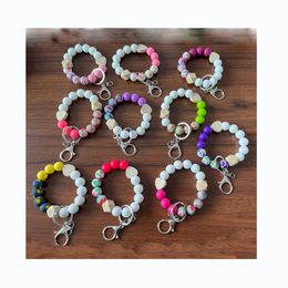 Flower Silicone Beads Elastic Beaded Bracelet Bangle Keychain Marble and Solid Colour Heart Design Wristlet Keychains