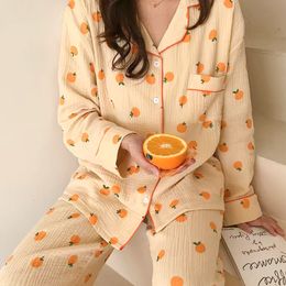 Women's Sleepwear Cotton Gauze Pyjamas for Women Korean Long Sleepwear Orange Print Pijamas Pyjamas Short Sleeve 2 Piece Female Set Drop 230421