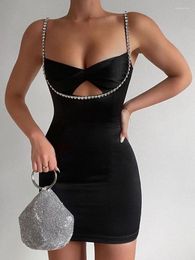Casual Dresses V Neck Diamond Cut Out Women Dress Sexy Backless Kink Satin Bodycon Ruched Black Solid Elegant Fashion Female Party Outfit