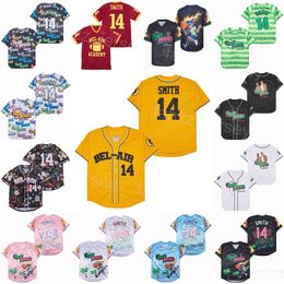 Moive 14 Will Smith Baseball Jerseys OF The Fresh Prince JAZZY JEFF BEL-AIR Academy GRAFFITI ANNIVERSARY (TV Sitcom) Red Blue Green Pink Yellow Sewn On Pullover