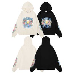 and Autumn Winter Fashion Rhude Flower Flag Print High Weight Terry Hip Hop Men's Women's Loose Casual Hooded Sweater