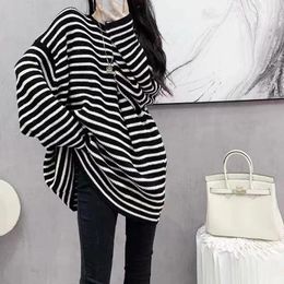 Women's Sweaters Clothing Korean Striped Jumpers Casual Round Neck Commute Autumn Winter Screw Thread Stylish Loose Knitted Midi