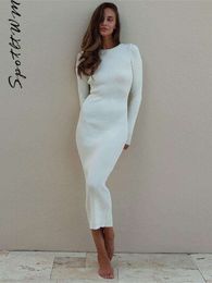 Elegant Solid Ribbed Knitted Maxi Dress Fashion O neck Long Sleeve Robes Autumn Winter Lady Party Club Streetwear Dresses