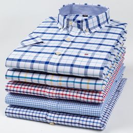 Men's Casual Shirts 100% Pure Cotton Oxford Short Sleeve Square Collar Soild Plaid Striped Summer Single Pocket Shirt 230421