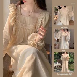 Women's Sleepwear Korean Ruffles Night Dress For Women Elegant Lace Nightgown One Piece Pyjamas Long Sleeve Square Collar Home Wear