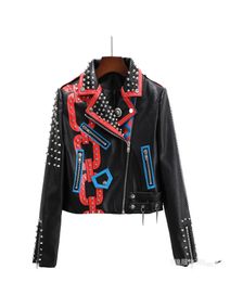 Women's Pu Leather Jackets Graffiti Floral Letter Print Doodle Punk Motorcycle Biker Zip Rivet Tassel Chain Waist Woman's Coats Contrast Color Outerwear 8700