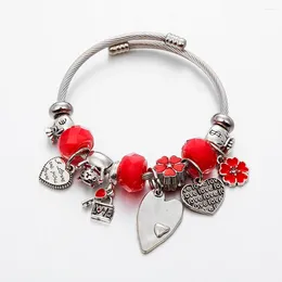 Strand ANNAPAER Design Stainless Steel Bangle Red Flower Beaded Charms Bracelet Special Offer Gift Fit Valentine's Day Jewelry