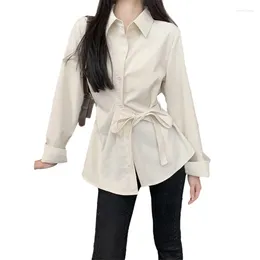 Women's Blouses Solid Colour Collar Button Down Shirts Long Sleeve Oversized Tops Casual Loose Belted Shirt Gifts