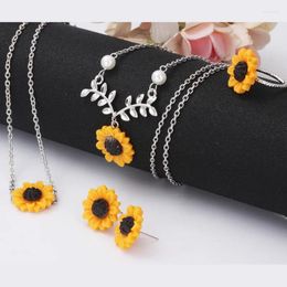 Necklace Earrings Set FEEHOW Sweet Romantic Sunflower For Women Yellow Bracelet Ring Summer Floral Accessories