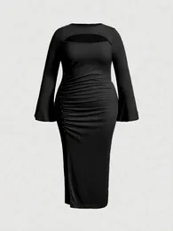 Plus Size Dresses Sheath For Women O Neck Cut Out Folds Long Flare Sleeve Autumn Elegant Black Bandage Sexy Package Hip Vestidos