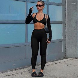 Women's Two Piece Pants Solid Sporty Slim 3 Set Women Autumn V-neck Halter Chest Wrap Long Sleeve Shawl High Waist Skinny Casual Streetwear