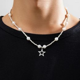 Pendant Necklaces KunJoe Vintage Imitation Pearl CCB Beads Choker Necklace For Men Punk Silver Colour Hollow Star Party Jewellery