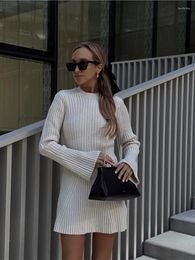 Casual Dresses Women Elegant Ribbed Knitted Mini Dress O Neck Long Sleeve Slim Fit 2023 Autumn Winter Ladies Chic Party Club Robes