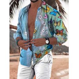 Men's Casual Shirts Hawaiian Butterfly For Men 3D Long Sleeve Flower Beach Blouse Oversized Tops Tee Homme Summer Clothing 230421