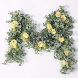 Decorative Flowers 1.8m Artificial Eucalyptus Garland Champagne Rose Green Leaves Wedding Background Wall Decoration