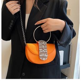 women Evening Bags Rhinestone Half Round Satin Bags Diamond handbag Candy Coloured Women shoulder crossbody bag Chain and Circular Handle Half Moon