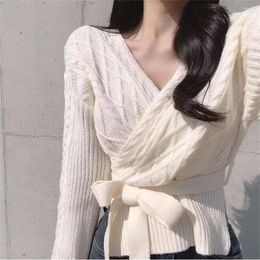 Women's Sweaters Streetwear Cropped Bandage Sweater Women V Neck Cross Lace Up Knitted Pullovers Korean Elegant Slim Knitwear Casual Fashion