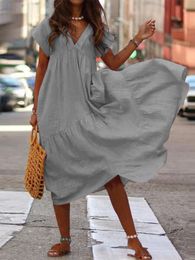 Casual Dresses Bohemian Summer Womens Sundress ZANZEA Fashion V Neck Midi Vestidos Female Solid Ruffle Asymmetrical Robe 230421