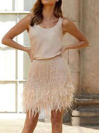 Sequin Feather Vest Skirt Suit Sets Women Summer Sexy Sheath Hip Package Mini Skirts Tank Piece Set Female Party Tassel Outfit