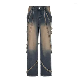 Women's Jeans Street Style Retro Distressed Gradient Denim Frayed Edges For Women High-waisted Slimming Loose Straight-leg Trousers Y2k