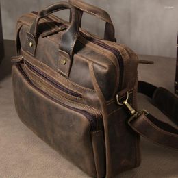 Briefcases Crazy Horse Oil Leather Men Computer Bags Handmade Cowhide Briefcase 14"Laptop Vintage Crossbody Shoulder Bag