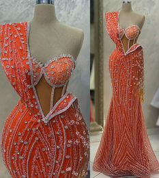 2023 kwietnia Aso Ebi Orange Mermaid Dress Crystals Kryształy wieczór Formalne przyjęcie Drugi przyjęcie urodzinowe suknie zaręczynowe sukienki szata de soiree ZJ508