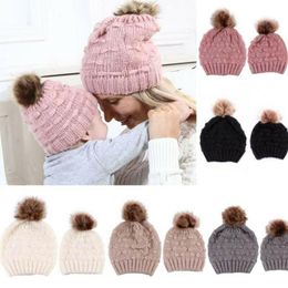 Beanies 2pcs Sets Mom And Kids Hat Casual Warm Pom Toddler Baby Boys Girls Cap Knitted Women Cute Beanie/Skull Caps