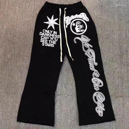 Calças masculinas preto hellstar sweatpants clássico chama estrela carta impressão calças hip hop casual solto masculino feminino bell bottoms