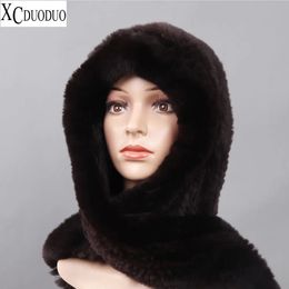 BeanieSkull Caps Women Real Knitted Rex Rabbit Fur Hat Hooded Scarf Long Winter Warm With Neck Collar Scarves 231120