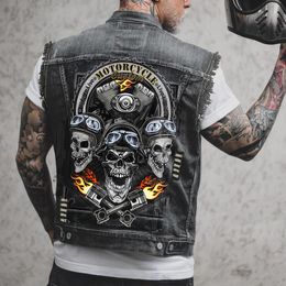 Men's Vests Spring Mens Biker Locomotive Sleevless Jean Jacket Skull Motorcycle Punk Top Waistcoat Hip Hop Hole Ripped Men Denim 230420