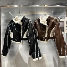 Women's Leather 2023 Winter Arrivals Long Sleeve Faux Fur Turn Down Collar Pu Jacket Buckle Belt Women GH140