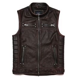 Men's Vests Brown Vintage Real Leather Motorcycle Vest Men Cowhide Genuine Biker Waistcoat Slim Sleeveless Jackets 230420