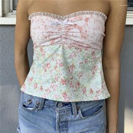 Women's Tanks Women Y2K Lace Strapless Crop Tube Tops Floral Ruched Sleeveless Cami Top Fairy Bandeau Tank Summer Vest Camisole Fairycore