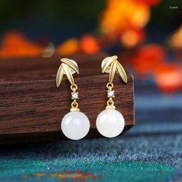 Dangle Earrings Natural Hetian Jade White Leaves Ball Bead S925 Sterling Silver Gold Plated Chinese Style Personalized Earr