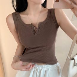 Camisoles Tanks Sexy Tank Top Button Ribbed Crop Tops Women Summer Camis V Neck Camisole Fashion Casual Cotton Sleeveless Cropped Vest Female 230421