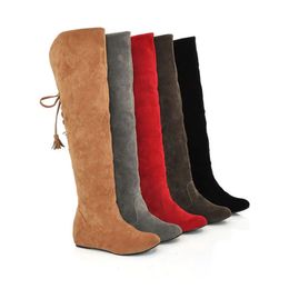 Boots Sexy Womens Faux Suede Over The Knee Flat Warm Comfortable Thigh High Laceup Woman Winter Shoes Quality 231120
