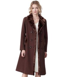 Womens Coat Winter Jacket Double-breasted Flat Barge Collar Mid-length Wool Blend Pea Coat Jacket 2954L