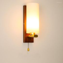 Wall Lamp Neo Chinese Style Wood Bedside Light With Pull Switch Glass Sconce For El Living Room MB0097