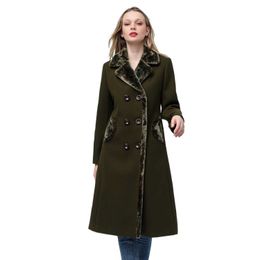 Womens Coat Winter Jacket Double-breasted Flat Barge Collar Mid-length Wool Blend Pea Coat Jacket 13XR0