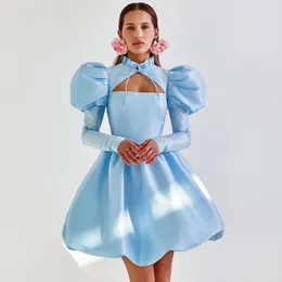 Casual Dresses High Neck Long Sleeve Satin Dress Puffy Mini Summer Women's Ruffles Puff Female Clothes Custom Made