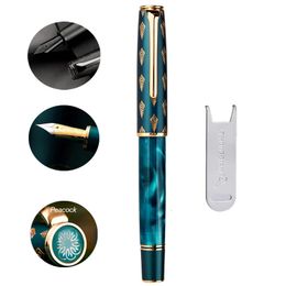 Fountain Pens Hongdian N7 Resin Piston Fountain Pen Beautiful Green / Grey Peacock Totem Cap EF/F 0.4/0.5mm Smooth Writing Office Gift Ink Pen 230421