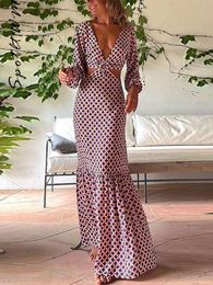 Women Deep v Printed Midi Dress Sexy Long Sleeve Cut Out Backless Lace Up Slim Dresses Summer Female Fashion Night Party Robes