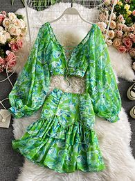 Two Piece Dress Sexy Chiffon Two Piece Set Women Spring Autumn Elegant V-Neck Long Sleeve Short Tops Ruffle Mini Skirt Female Printed Suit 230421