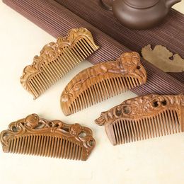 Hair Brushes Natural Wood Comb 12.5cm Green Sandalwood Anti-Static Massage Exquisite Double Sided Carved Wooden Hair Comb Gift for Girlfriend 231121