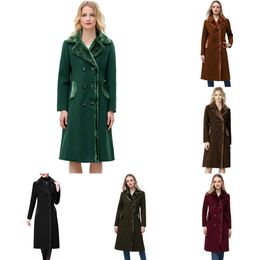 Womens Coat Winter Jacket Double-breasted Flat Barge Collar Mid-length Wool Blend Pea Coat Jacket