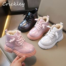 Boots Winter Solid Bling Baby Girls Fashion Boots Plush Warm Zip Kids Ankle Shoes Patent Leather Anti Slip Toddler Children Boots 231121