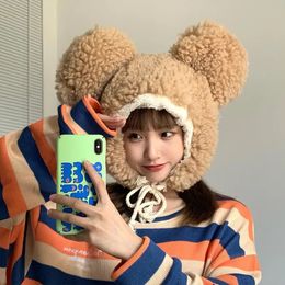 BeanieSkull Caps 2024 Cute Bigear Bear Cashmere Bomber Hat Fluffy with Ears Autumn Winter Pullover Earmuffs Warm Cap Bandage 231120