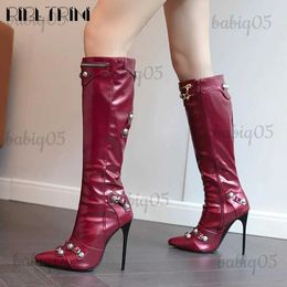 Boots Brand Fashion Elegant Women Motorcycle Boots Pointed Toe Stiletto High Heels Rivit Punk Luxury Winter Shoes Woman Big Size 48 T231121